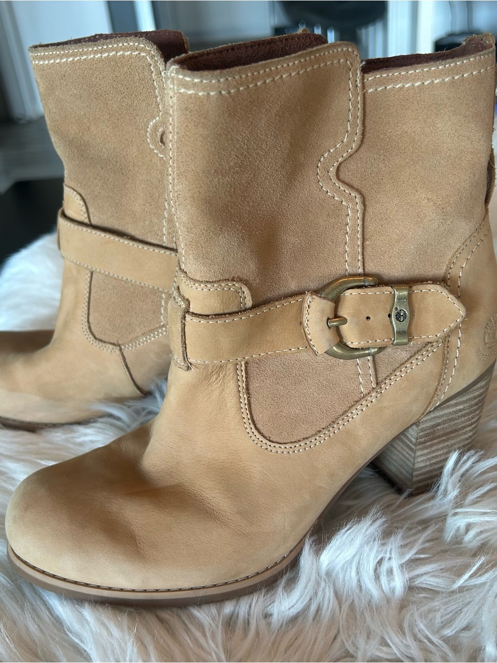 Timberland Tan Suede Buckle Heeled Ankle Boots